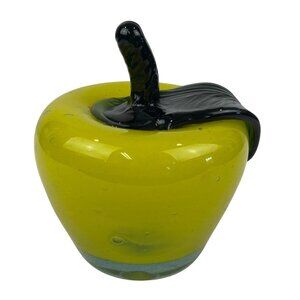 Murano Style Vintage Green Glass Apple Paperweight Stem Leaf Accent